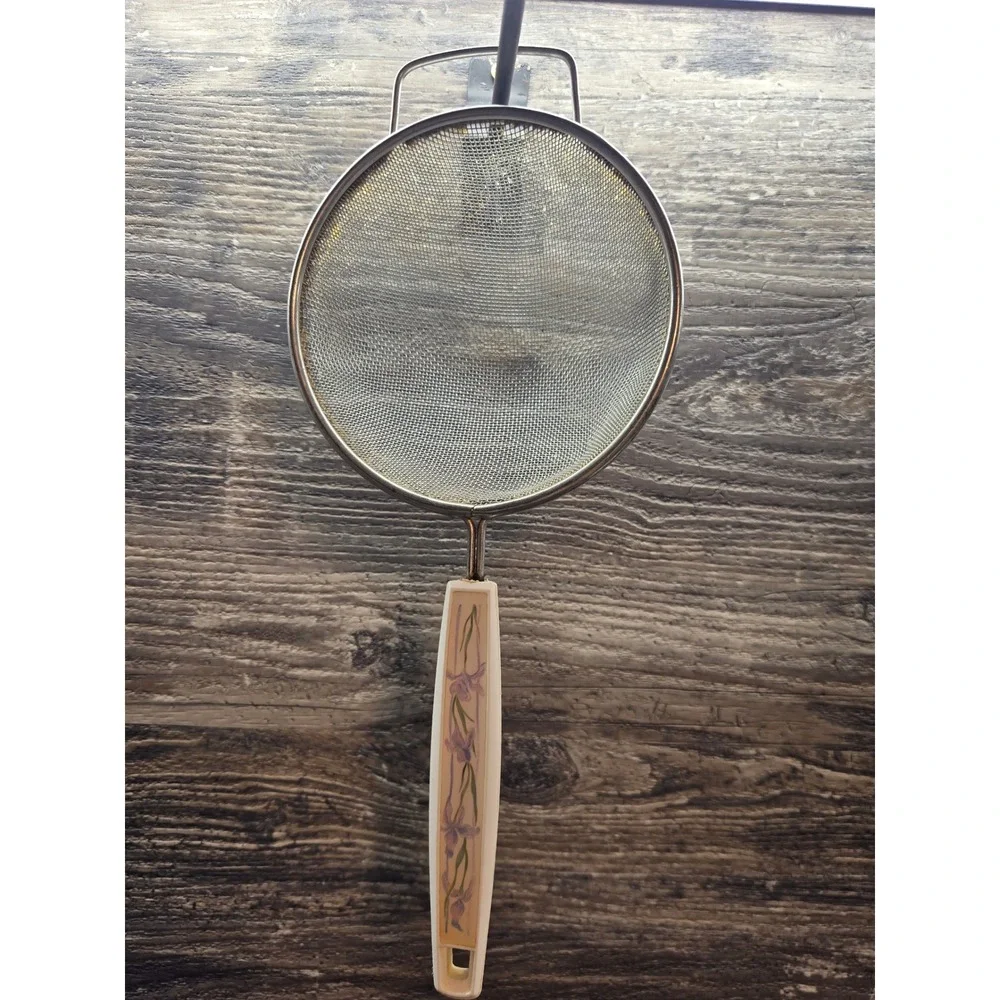 Vintage Stainless Steel Fine Mesh Strainer Floral Iris Handle Kitchen Sifter